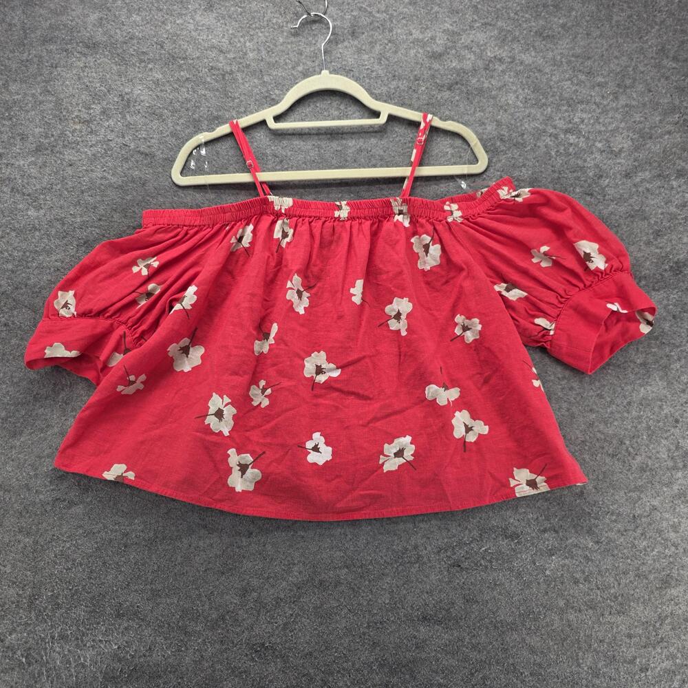Universal Thread Blouse Cropped Womens L Red Floral Off The Shoulder Puff Sleeve